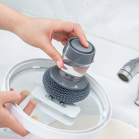 2-in-1 Soap Dispensing Dish Brush with Handle – Kitchen Scrubber for Pots, Pans, Lids & More