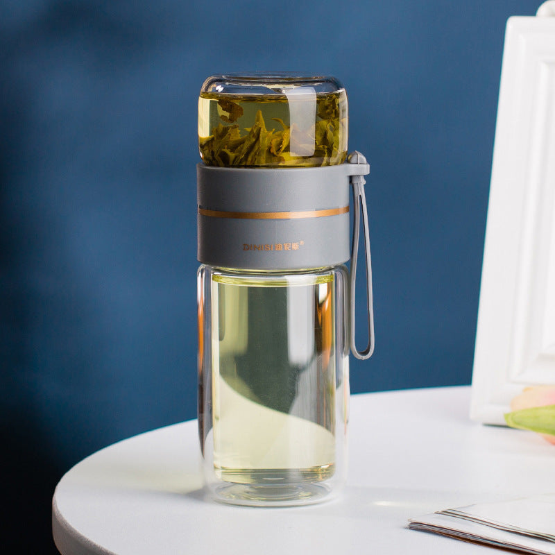 "InfuseMate" Glass water bottle - Leakproof double wall with tea filter & infuser