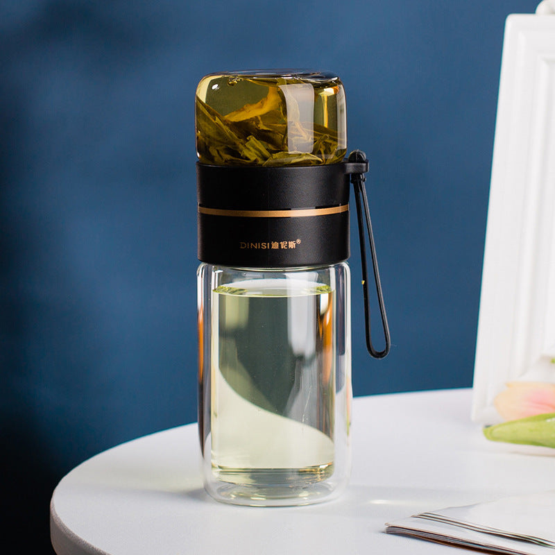"InfuseMate" Glass water bottle - Leakproof double wall with tea filter & infuser