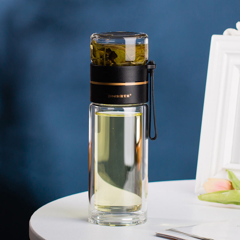 "InfuseMate" Glass water bottle - Leakproof double wall with tea filter & infuser