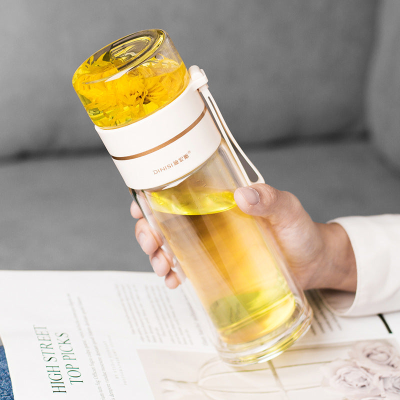 "InfuseMate" Glass water bottle - Leakproof double wall with tea filter & infuser