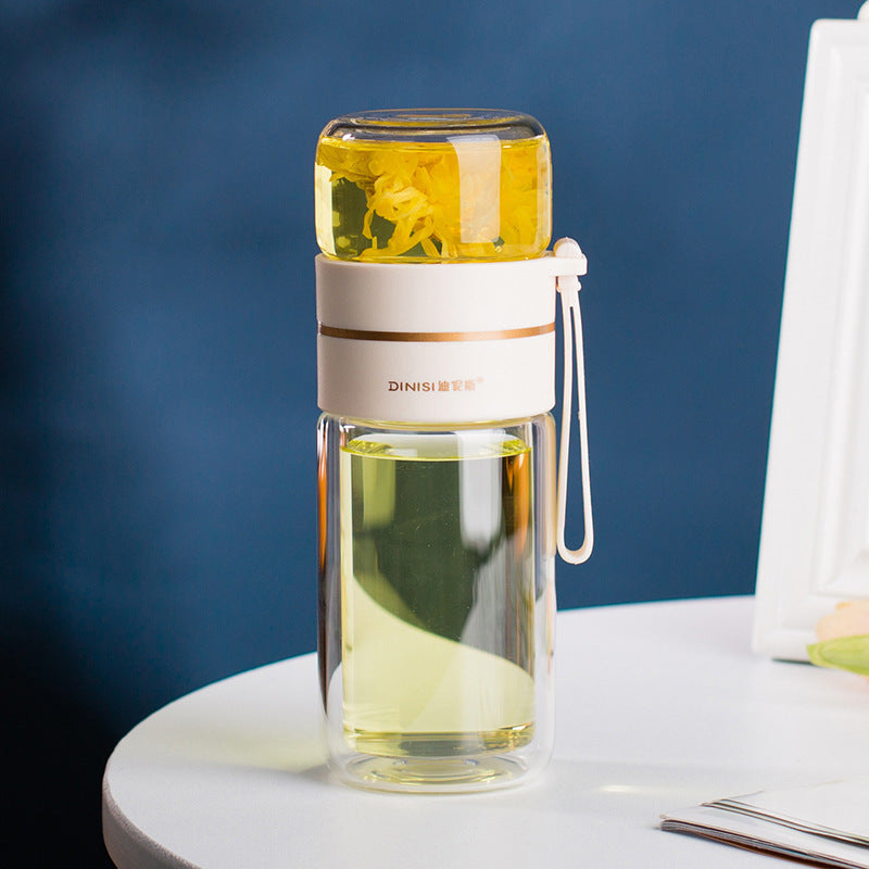 "InfuseMate" Glass water bottle - Leakproof double wall with tea filter & infuser
