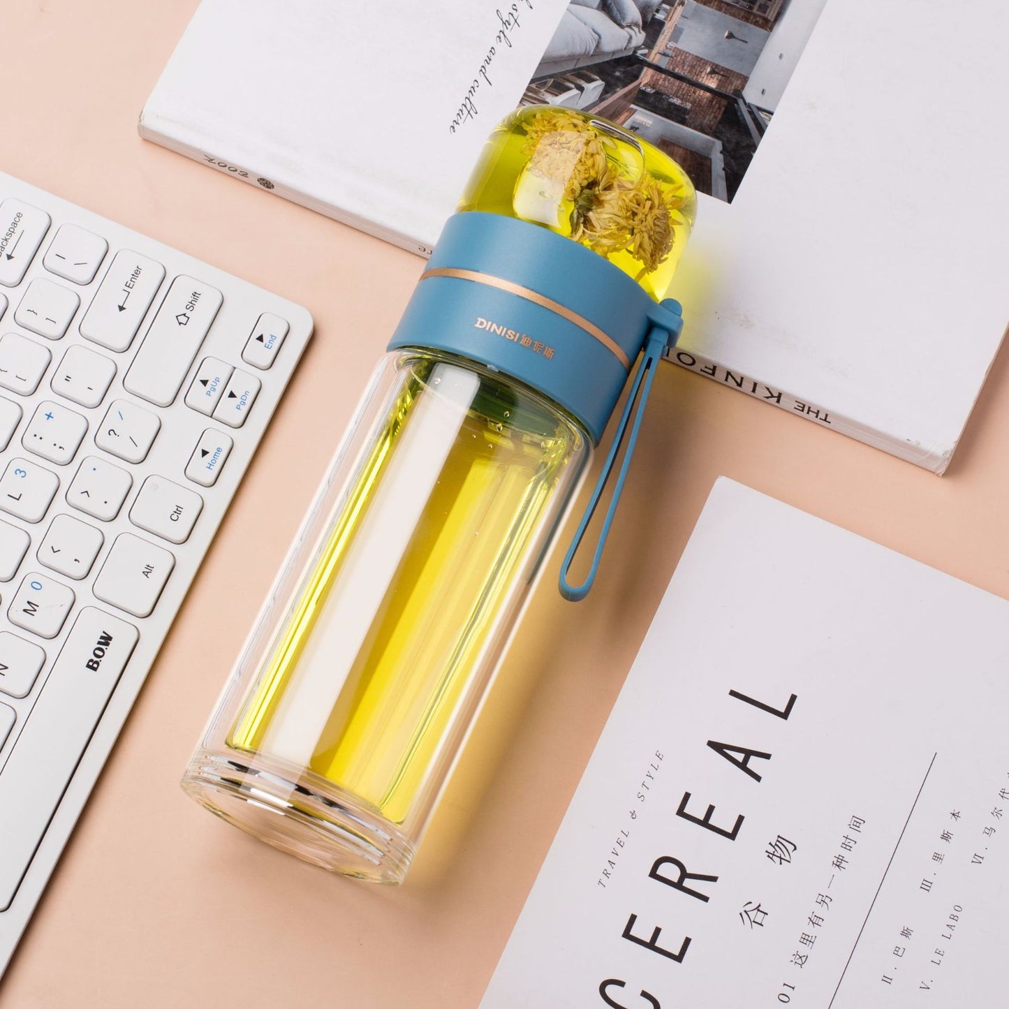 "InfuseMate" Glass water bottle - Leakproof double wall with tea filter & infuser