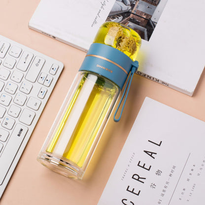 "InfuseMate" Glass water bottle - Leakproof double wall with tea filter & infuser